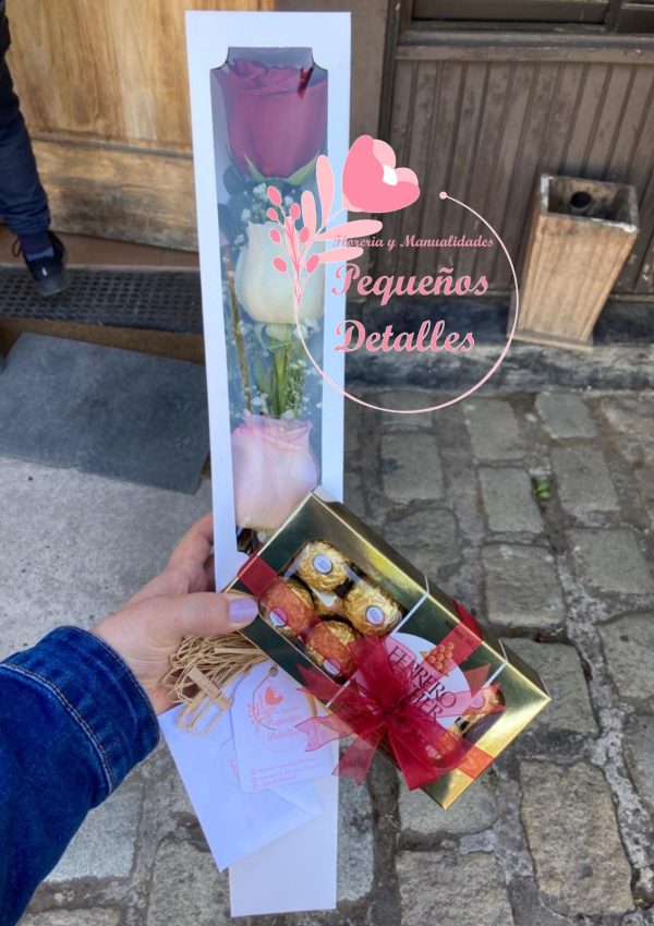 Caja 3 rosas (colores) y bombones